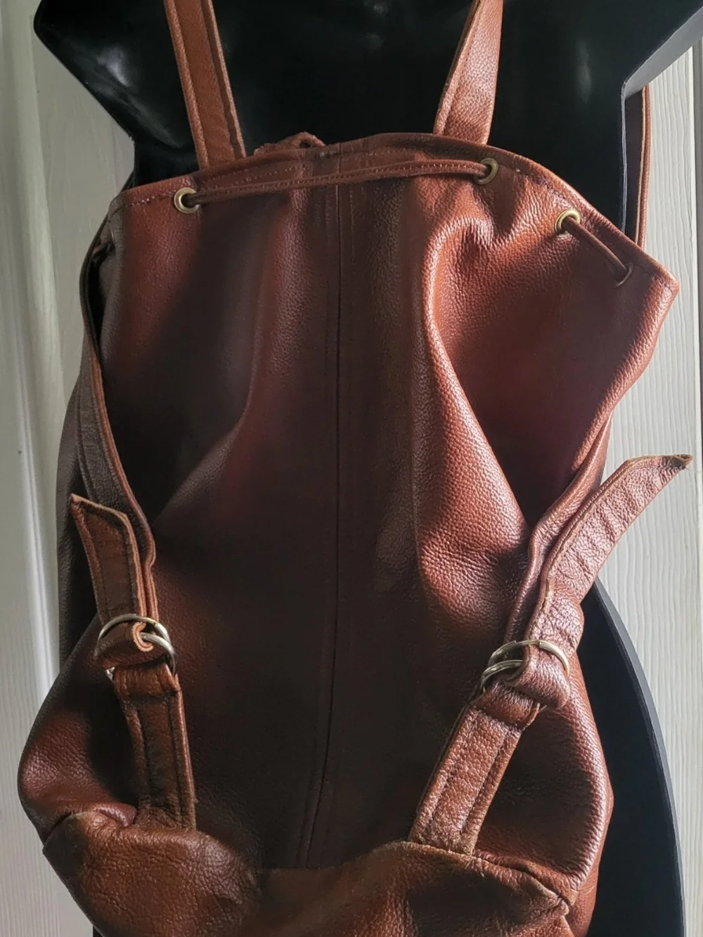 Leather Unisex Drawstring Backpack Brown with Front Buckle Pockets Extra Large